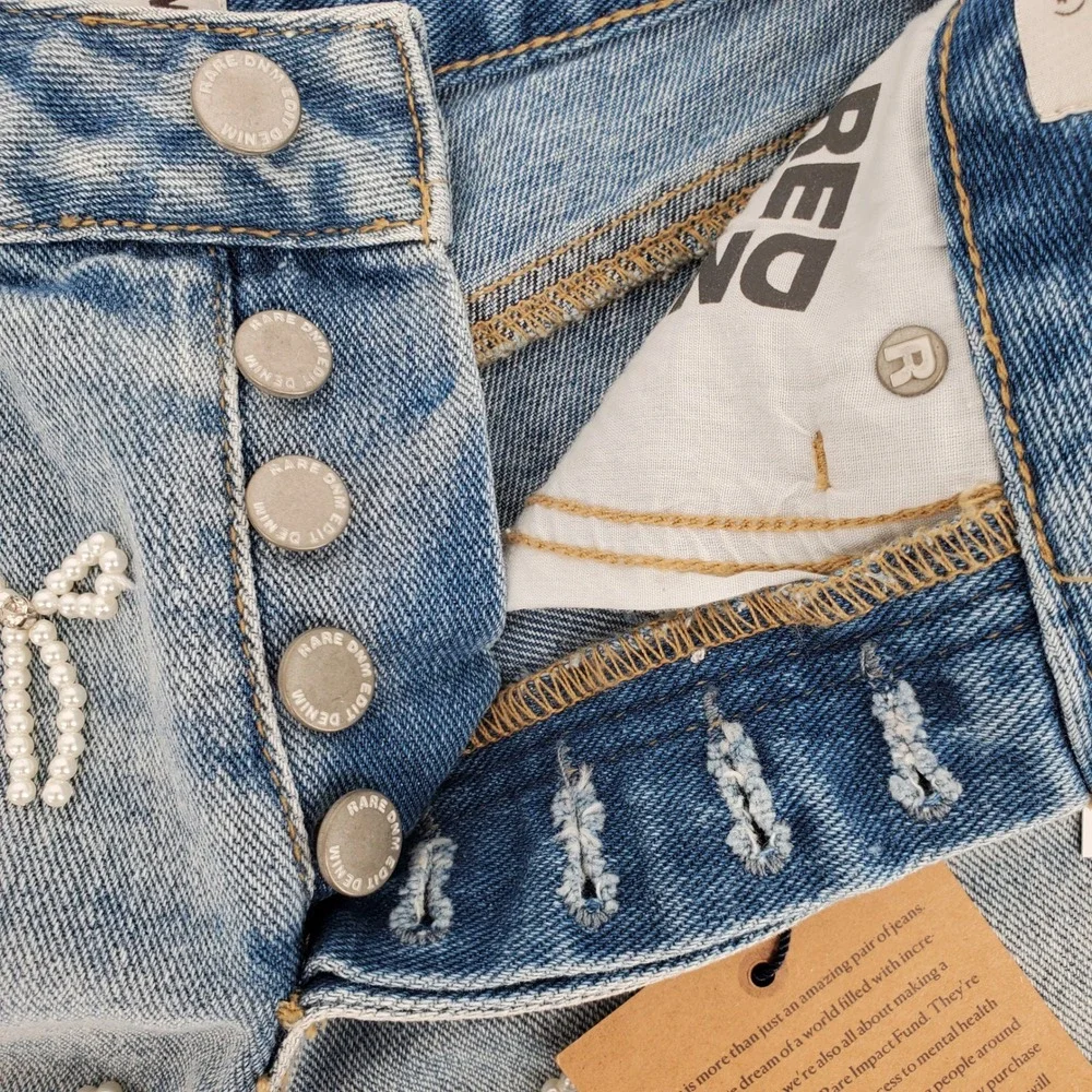 Rare DNM Edit High Rise‎ Festival Denim Short Pearl Bow Size 24 Davis Blue New - Picture 3 of 12